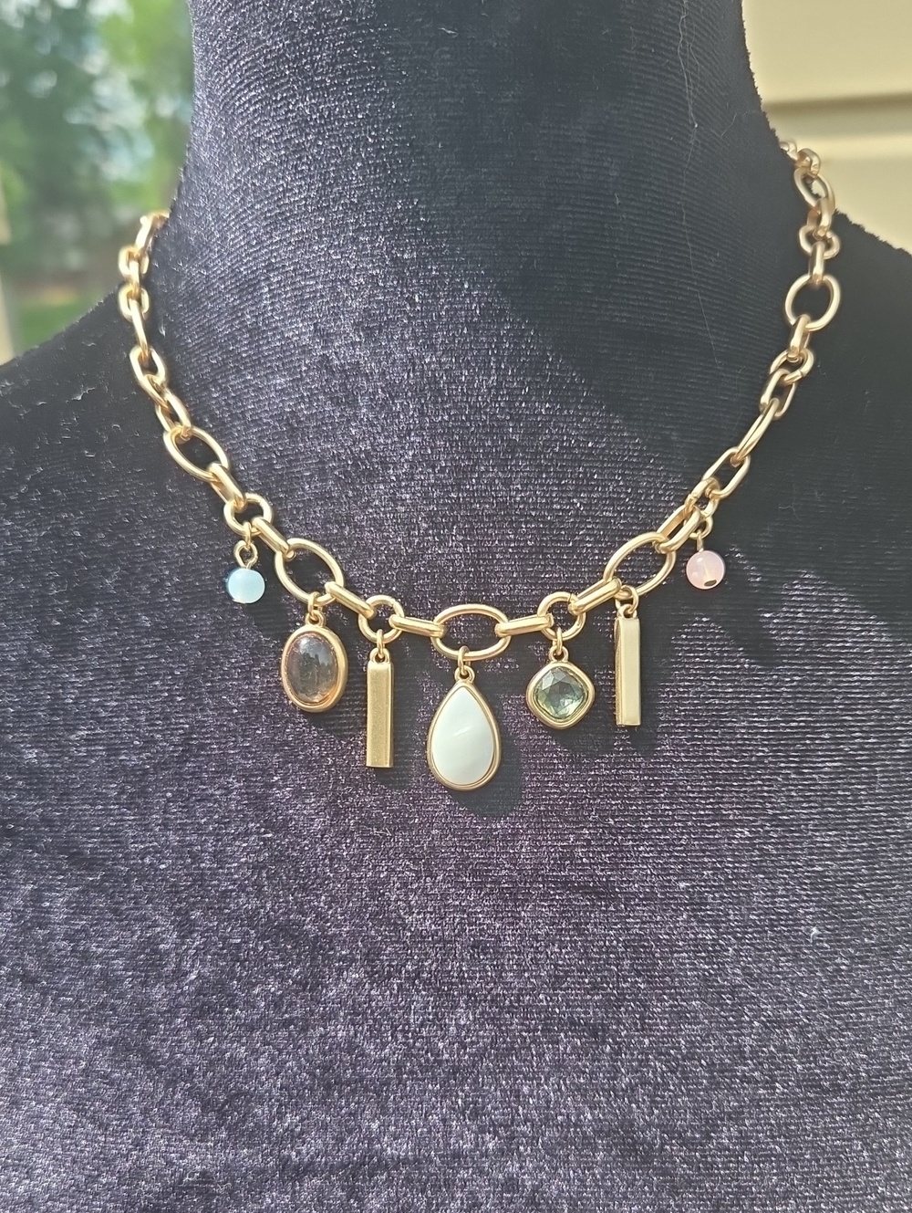 Loft Gold Chain Charm Necklace with Multi-Colored Stone Pendants